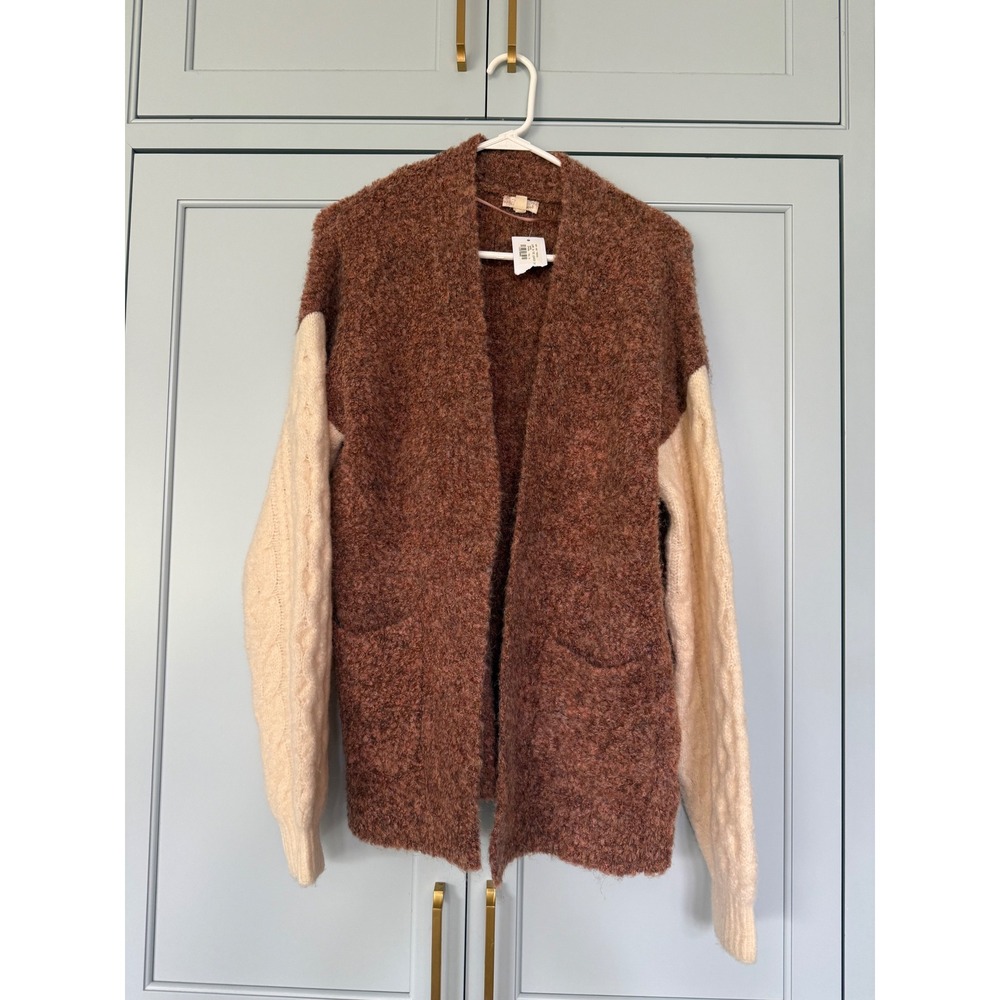 NWT Hem and Thread Colorblock Cable Knit Boucle Cardigan Rust Brown oversized